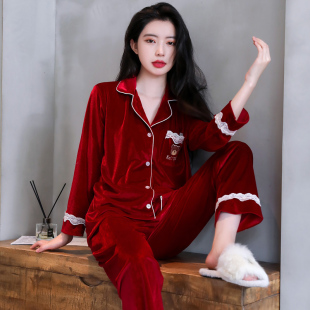 保暖可外穿家居服套装 长袖 红色金丝绒睡衣女秋冬季 乐姿梦2025新款