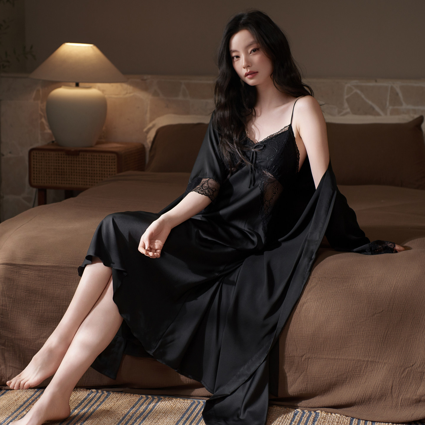乐姿梦睡衣女夏天带胸垫吊带睡裙睡袍两件套装性感冰丝长款春秋季图片