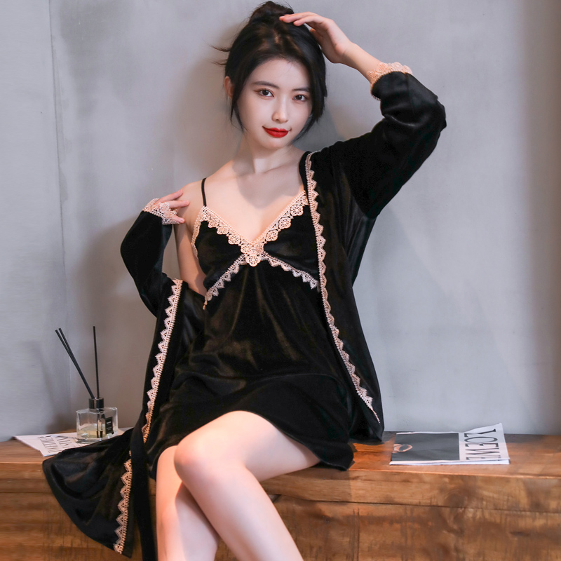金丝绒睡袍女春秋冬季蕾丝花边