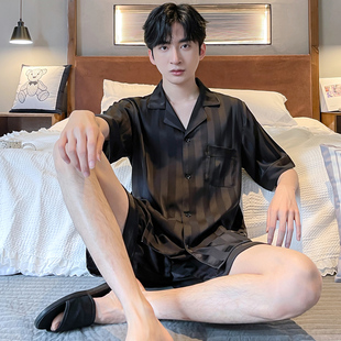 睡衣男夏季冰丝凉感短袖短裤男士丝E绸薄款夏天大码男款家居服套