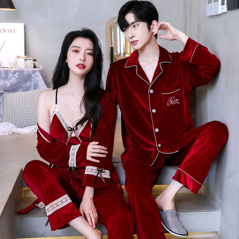 乐姿梦秋冬季情侣睡衣女性感金丝绒三件套红色结婚新婚男士家居服,女士内衣/男士内衣/家居服,睡衣/家居服套装,淘宝优惠券,粉丝福利购,淘宝优惠卷