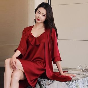 家居服 乐姿梦性感睡衣女春秋款 冰丝吊带睡裙新款 夏季 红色睡衣套装