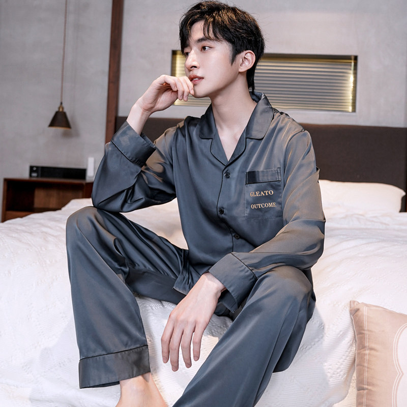 乐姿梦春秋季冰丝男士长袖睡衣时尚开衫男纯色大码丝绸家居服套装,女士内衣/男士内衣/家居服,睡衣/家居服套装,淘宝优惠券,粉丝福利购,淘宝优惠卷