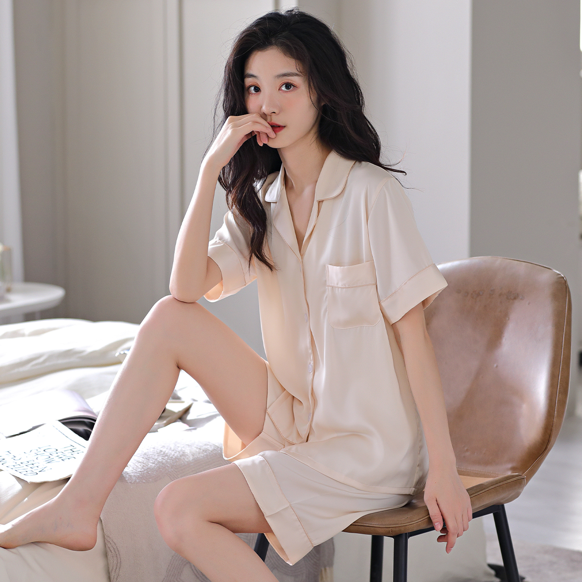 女士冰丝绸夏款睡衣套装家居服