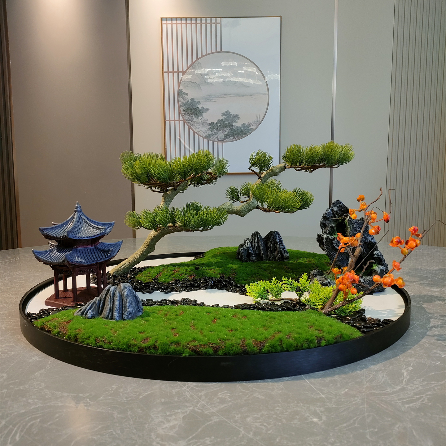 桌摆饰品摆台电动转盘花摆花装高端饭店餐厅餐桌中间摆花微缩景观