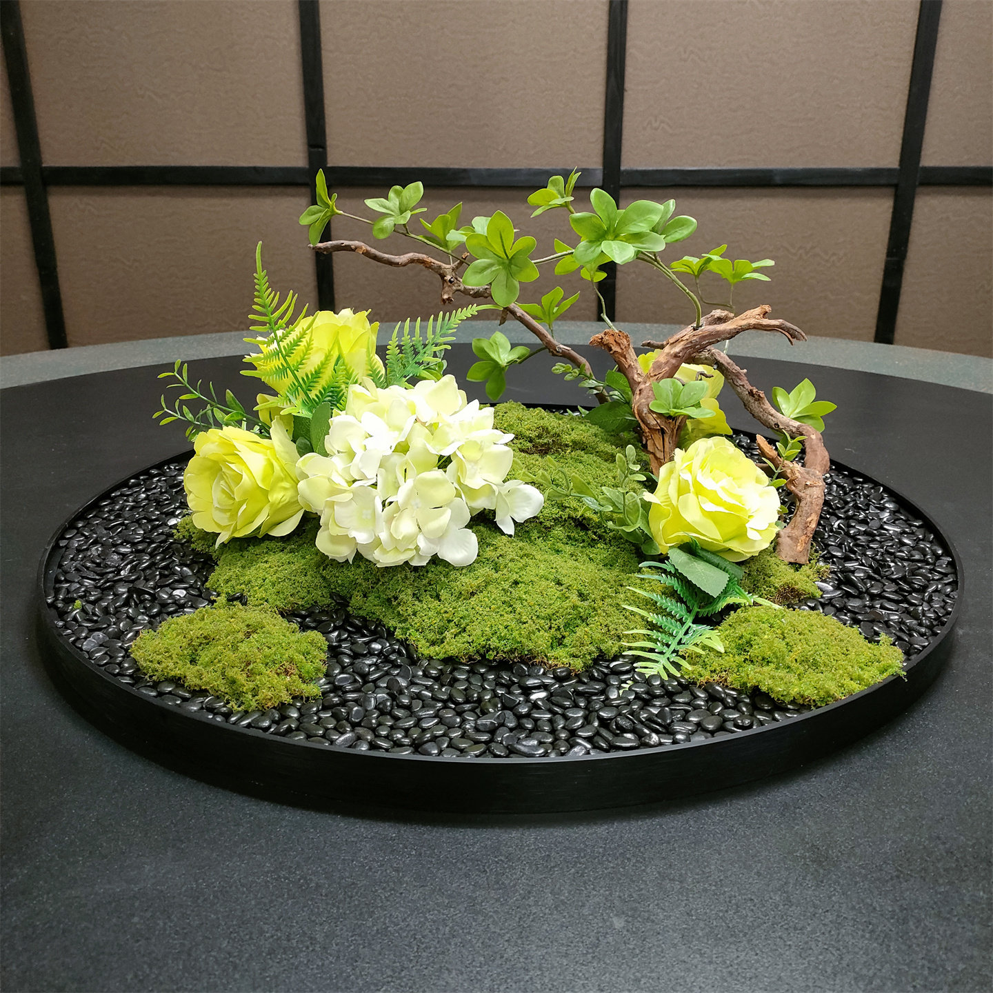 酒店餐桌中间摆花喷雾化流水灯光装饰摆件桌摆转盘花摆圆桌芯