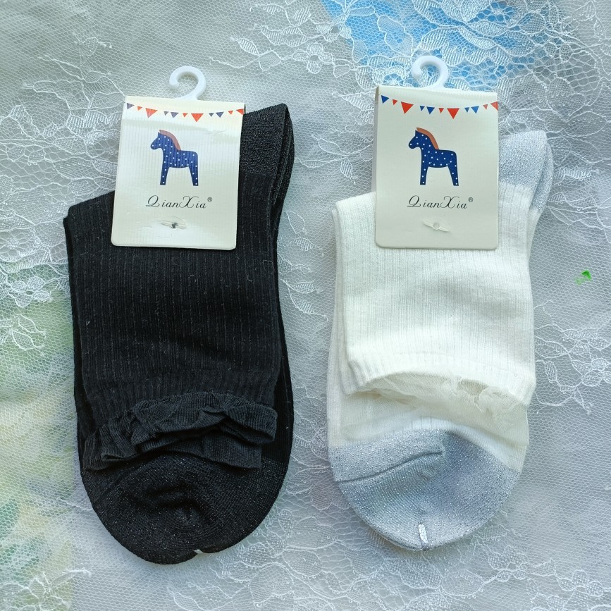 女士纯棉竖条纹中筒袜吸汗透气袜子黑色奶白色花边袜子