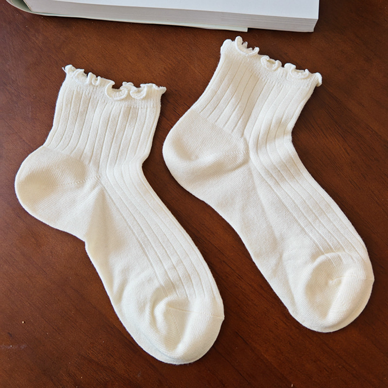 外贸竹纤维白色袜子纯色女袜木耳边松口棉袜孕妇袜月子袜春夏短袜