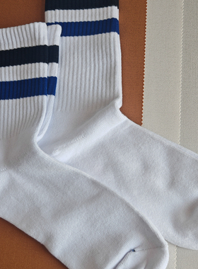 外贸男士运动袜子白色条纹棉吸汗透气2条扛中长筒四季款舒适