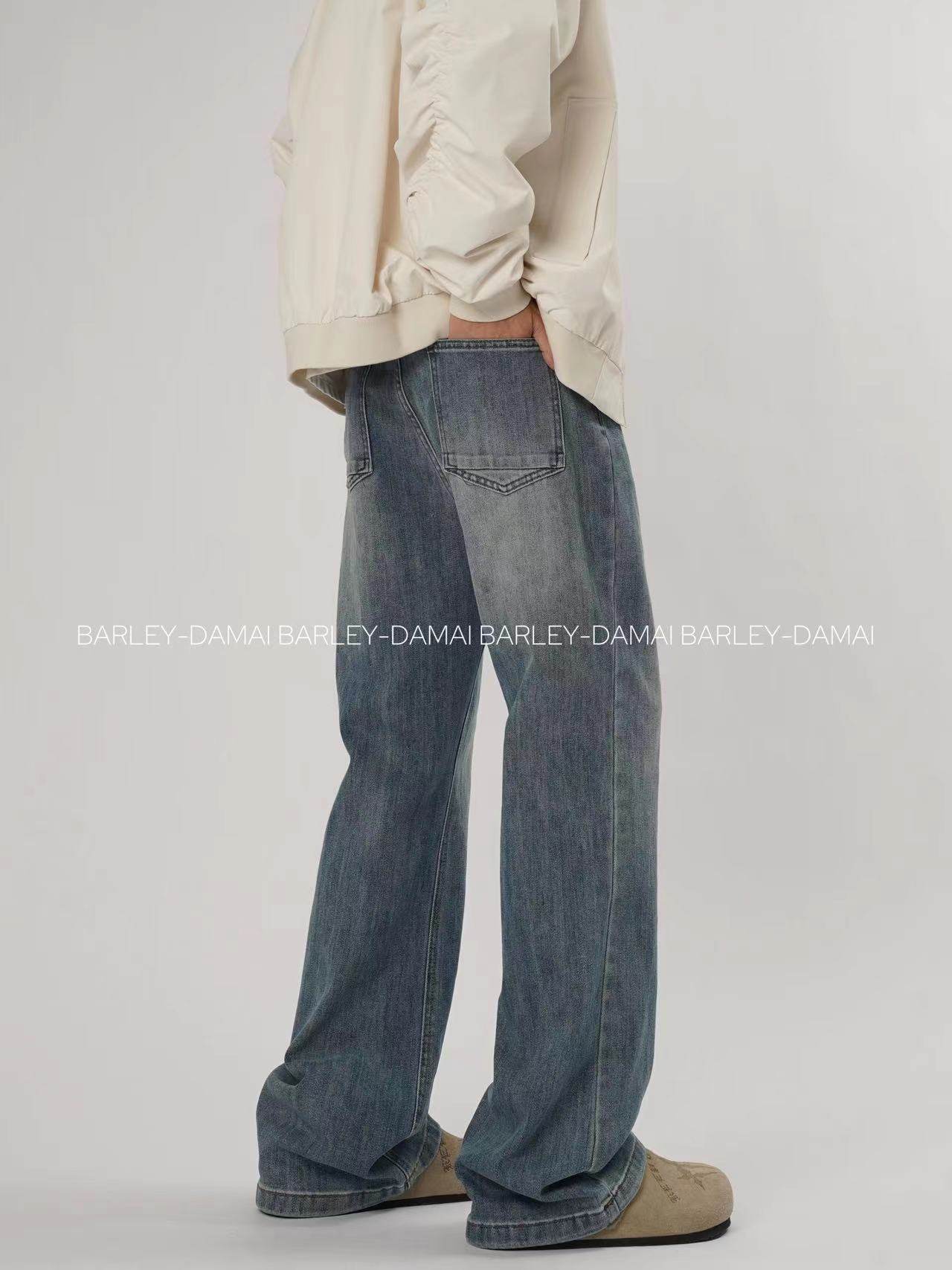 实体新款直筒微喇牛仔裤男高级感cleanfit春秋季水洗浅蓝色牛仔裤