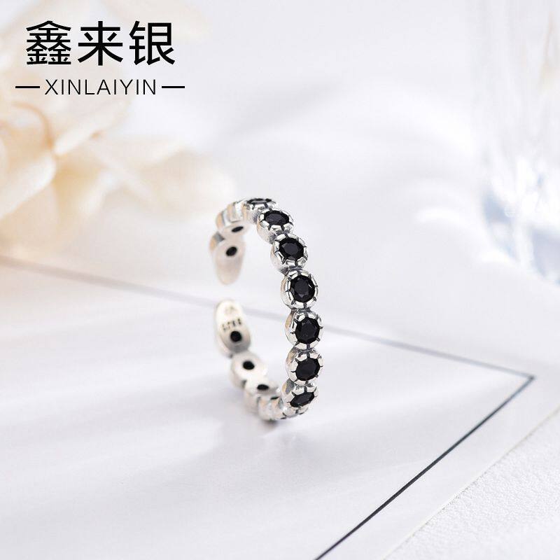 鑫来银韩版S925银设计师款复古创意做旧镶石开口女戒指指环