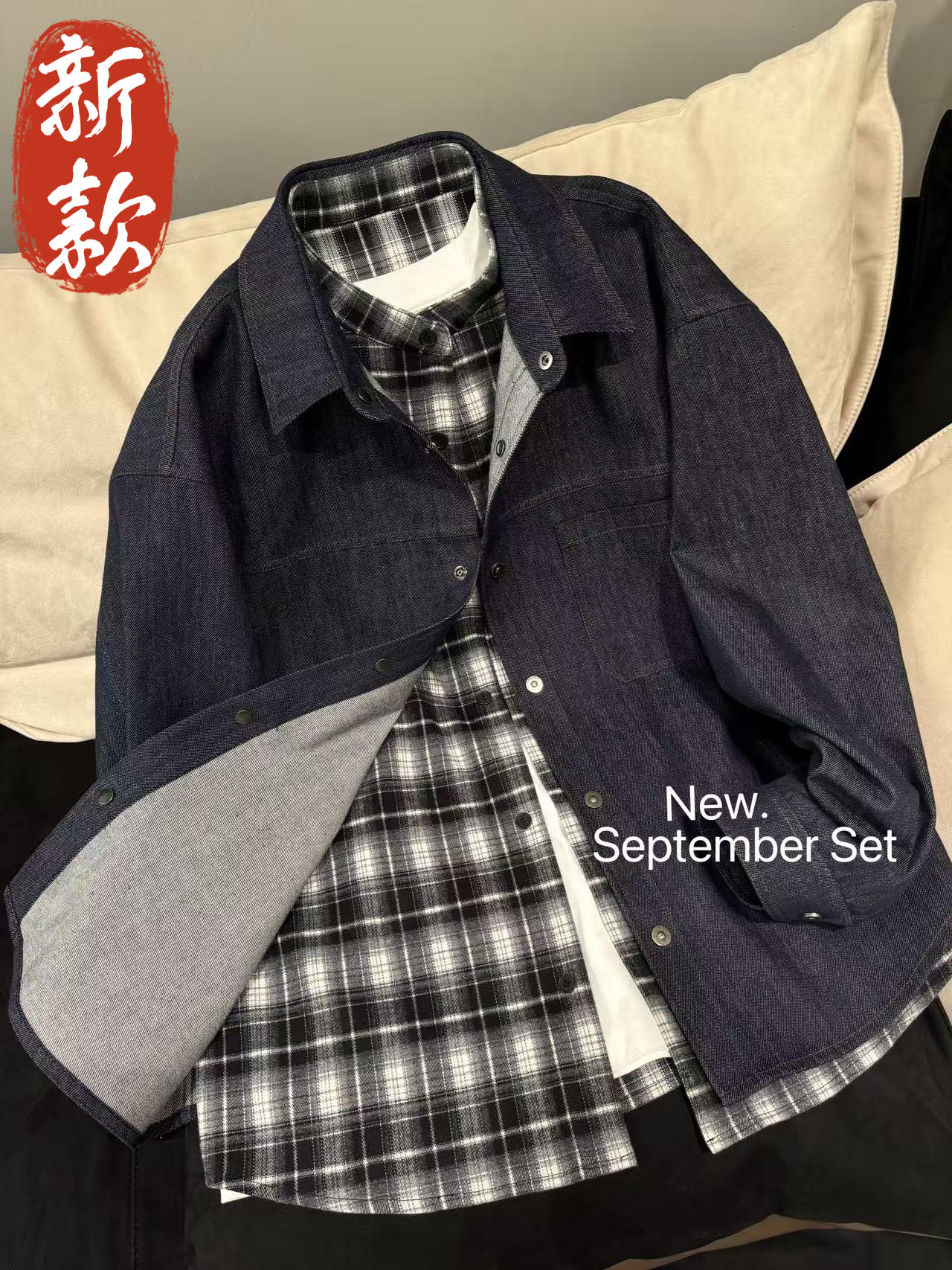 潮牌秋季时尚复古莱赛尔水洗牛仔格纹拼接男衬衫假两件夹克外套男