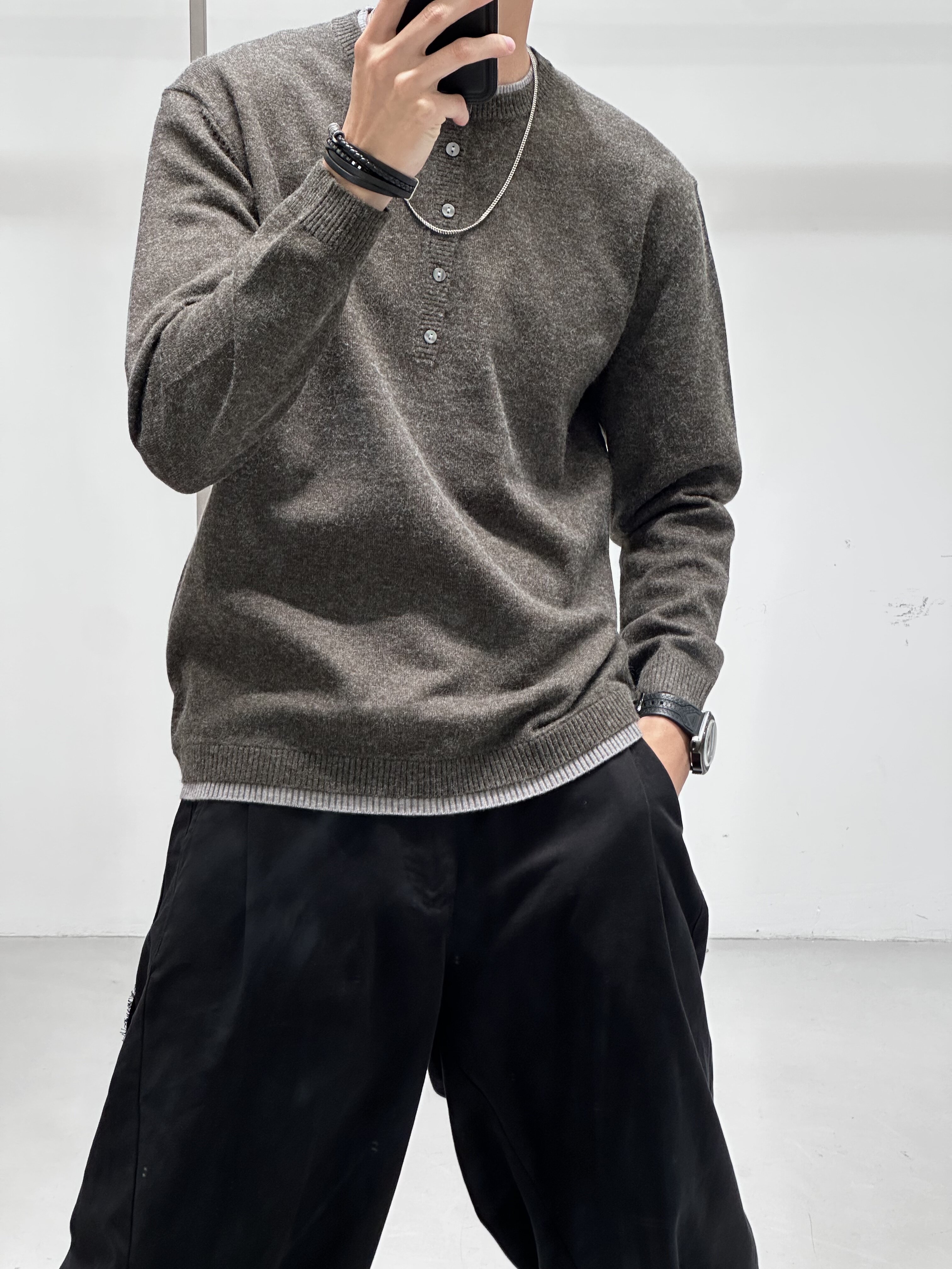 实体高品质秋季男假两件拼接羊毛混纺套头毛衣韩系保暖内搭打底衫