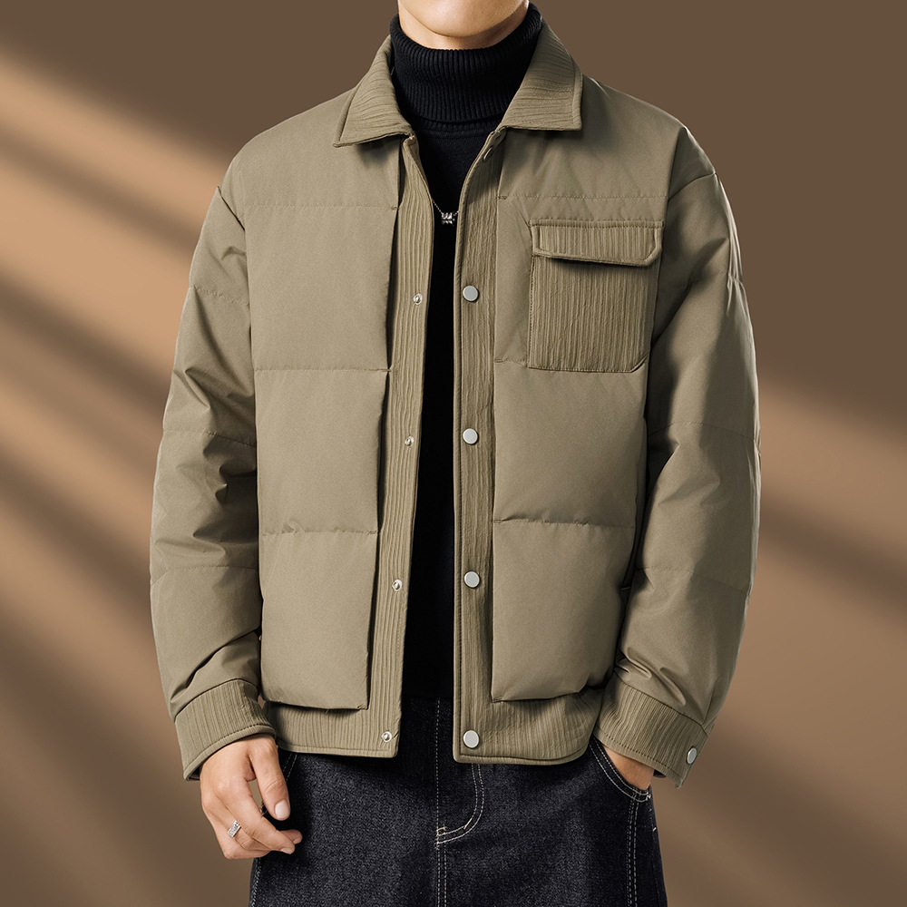 男士冬季休闲保暖国标鸭绒翻领羽绒服高级感百搭潮牌防寒复古外套