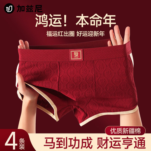 本命年红色男士内裤纯棉2026马年新款结婚庆礼物平角四角短裤属马