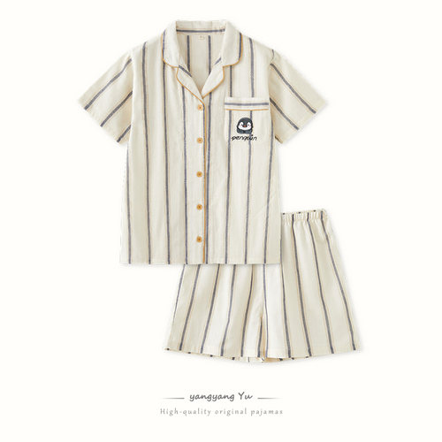 日系新款纯棉纱布睡衣女夏季套装简约全棉短袖短裤情侣家居服套装