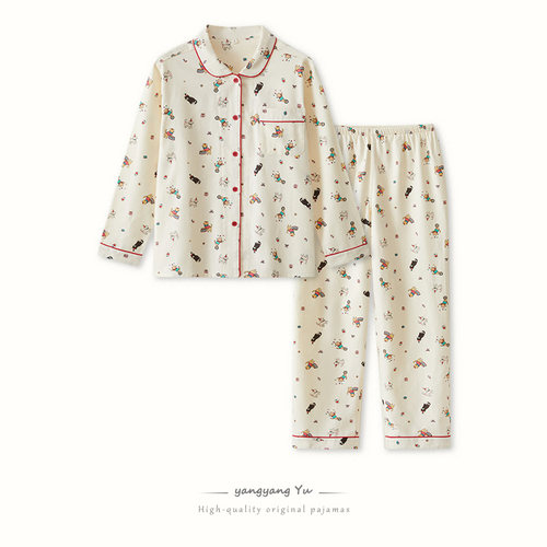 日系甜美春秋季长袖磨毛绒布睡衣女士纯棉宽松全棉家居服套装冬