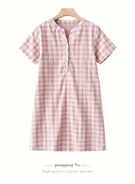 日系新款睡衣女夏季纯棉短袖睡裙格子大码宽松家居服可外穿夏天
