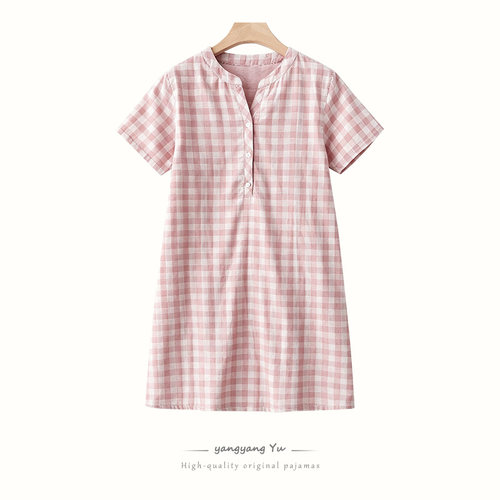 日系新款睡衣女夏季纯棉短袖睡裙格子大码宽松家居服可外穿夏天
