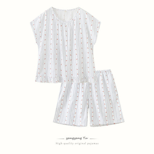 简约条纹睡衣女款夏季纯棉纱布短袖中裤套装全棉可外穿家居服