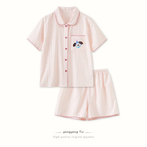 女士春夏季纯棉纱布睡衣套装大码男宽松条纹家居服全棉新款日系