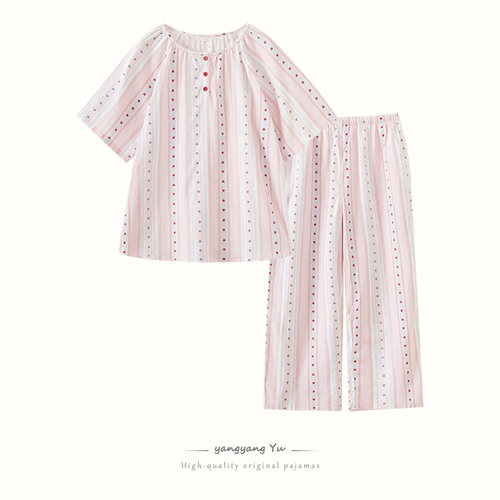 夏季新款睡衣女款纯棉纱布短袖套装全棉大码宽松外穿家居服女夏天