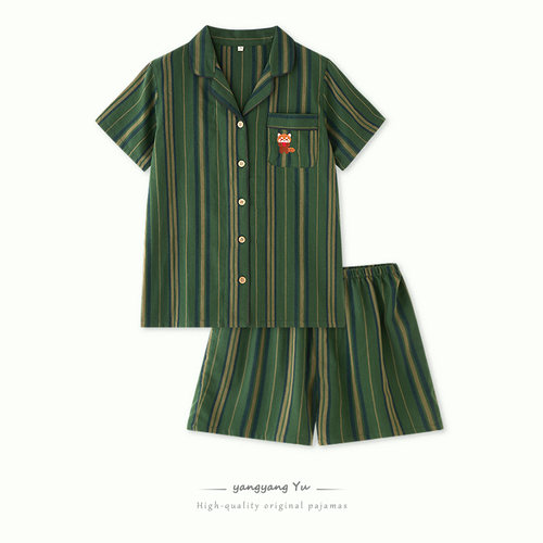 日系新款卡通情侣睡衣女夏条纹纯棉纱布短袖短裤套装男士家居服