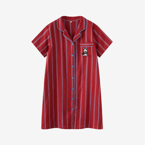 2025夏季中裙女夏季梭织纯棉纱布短袖睡裙家居服刺绣睡衣女士