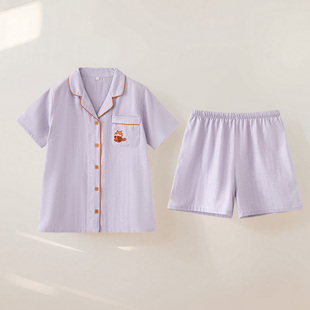 卡通刺绣家居服套装 2025新款 短裤 睡衣女夏季 全棉 纯棉纱布短袖