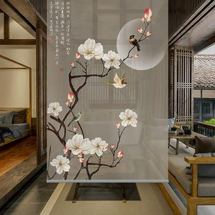 挂帘软屏风隔断帘玄关帘客厅升降手拉透明帘柔纱帘卷帘花鸟 新中式