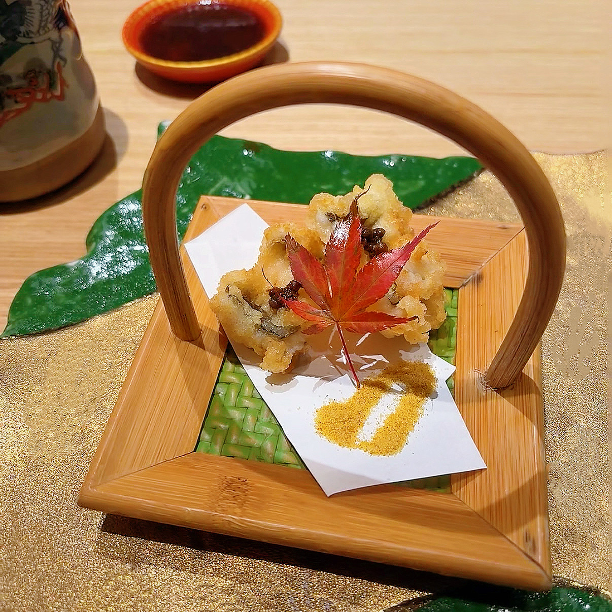日式天妇罗竹编提篮刺身摆盘提手竹盘创意怀石料理炸物盘手工编织