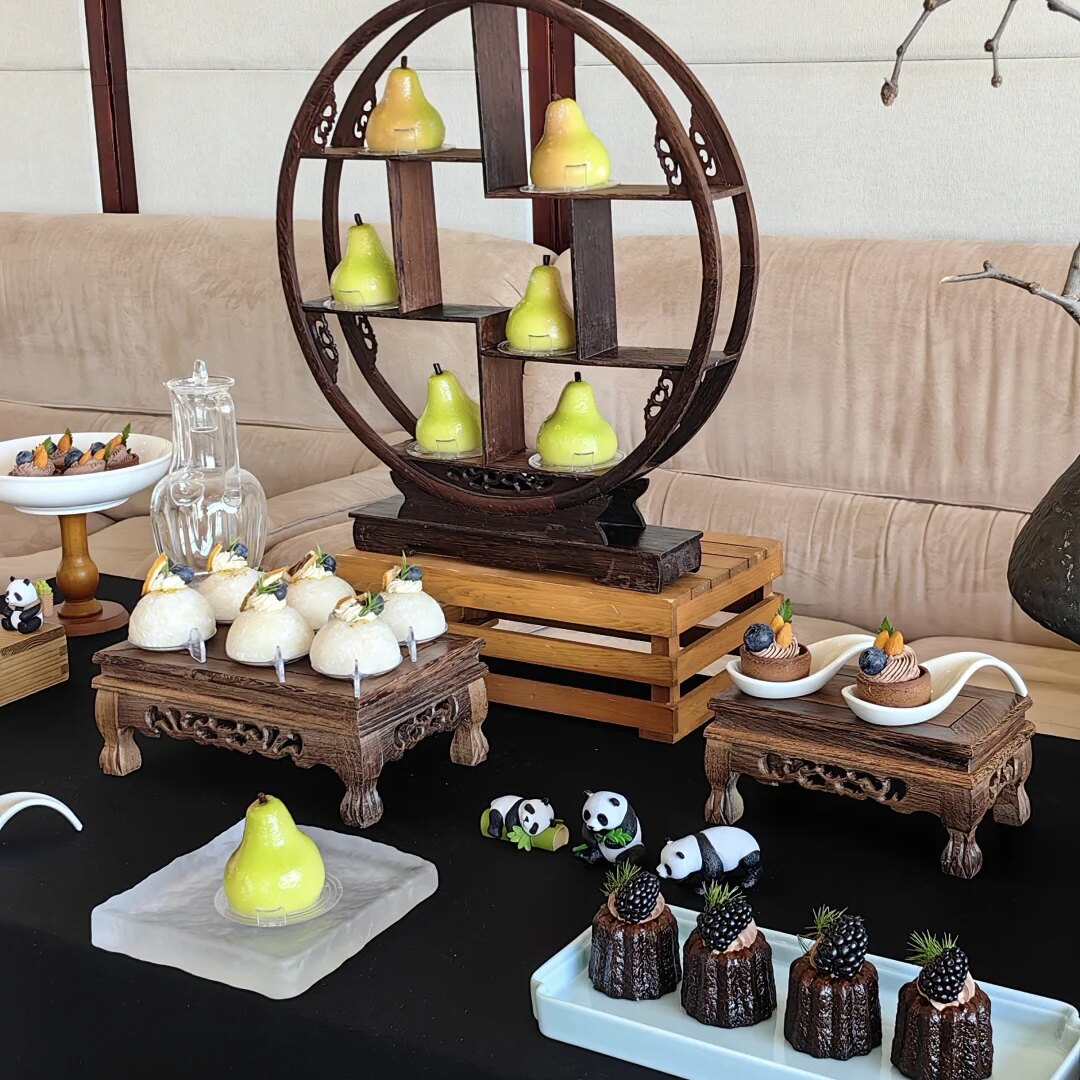 新中式茶歇摆台甜品商务接待复古下午茶鸡翅木展架冷餐茶点盘