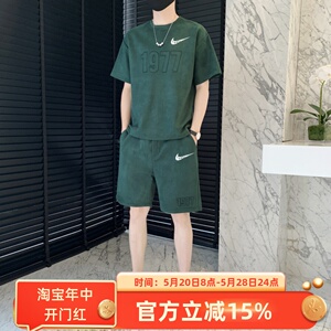 耐克顿短袖套装男士2024新款鹿皮绒短裤宽松运动休闲帅气两件套男