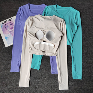 秋冬露背镂空性感带胸垫瑜伽运动长袖女高级感上衣修身显瘦健身服