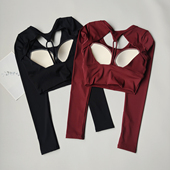 裸感运动训练普拉提健身 修身 带胸垫瑜伽服上衣固定一体杯长袖 短款