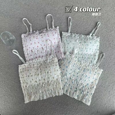 设计感褶皱碎花吊带背心女带胸垫抹胸美背外穿显瘦甜辣打底上衣夏