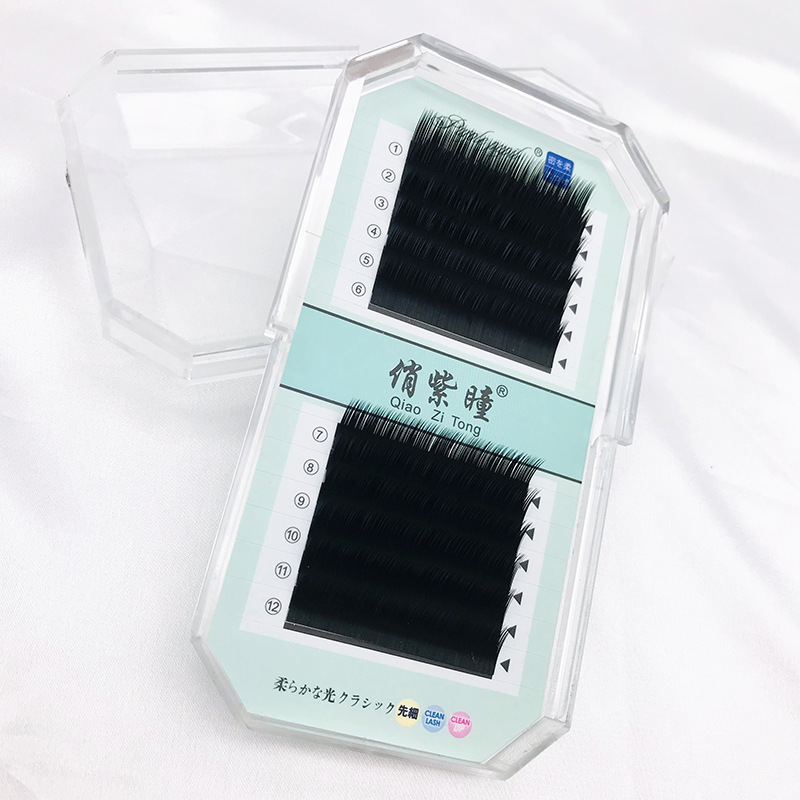 抽拉盒俏紫瞳单根嫁接睫毛 0.15黑珍珠扁毛 双尖仿貂绒种植假睫毛