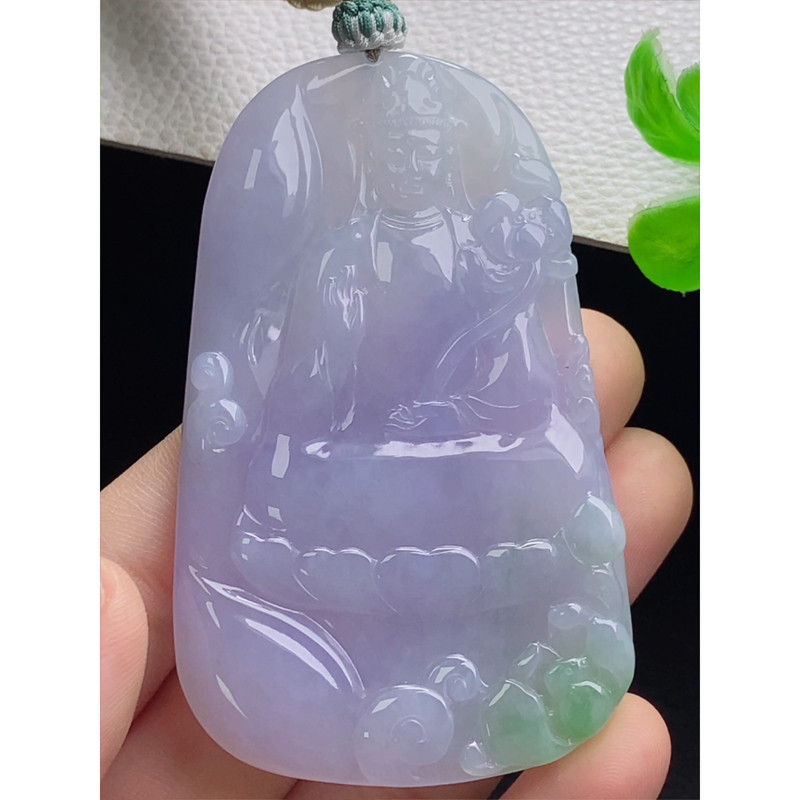 缅甸天然A货玉石翡翠 老坑冰种 手工精雕 紫罗兰大势至菩萨牌吊坠