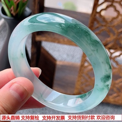 缅甸A货天然翡翠 老坑冰种飘花半山半水正装正圈手镯52-53小圈口