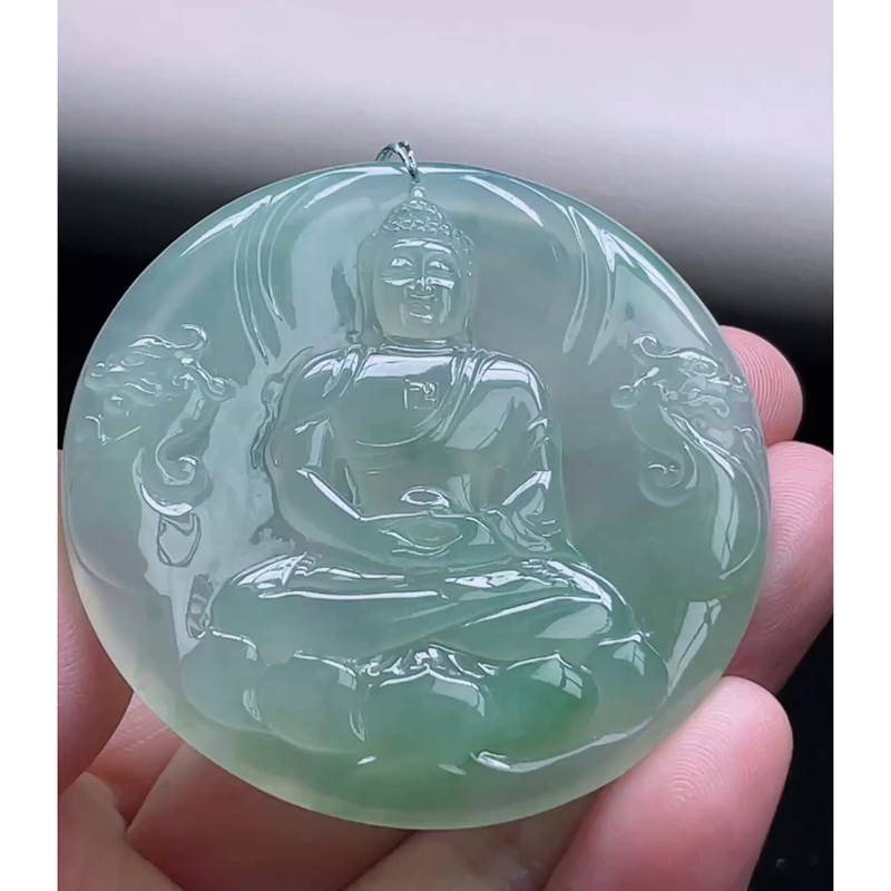 缅甸天然A货玉石翡翠挂件 精雕老坑冰飘绿大日如来佛吊坠