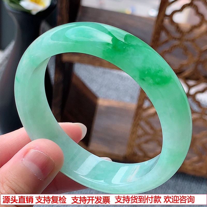 缅甸A货天然翡翠 老坑冰种飘阳绿正装正圈手镯55-56圈口