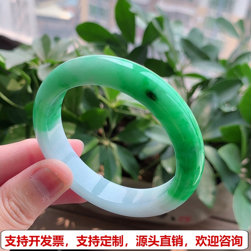 缅甸A货天然翡翠 老坑冰种飘绿半山半水正装正圈手镯52-53小圈口