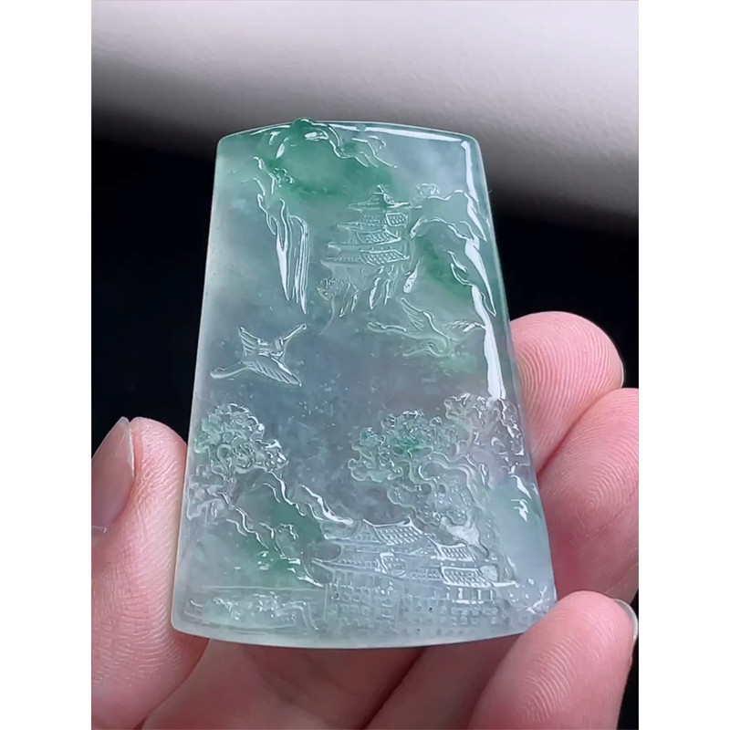 缅甸天然A货玉石翡翠 老坑冰种飘花山水牌吊坠