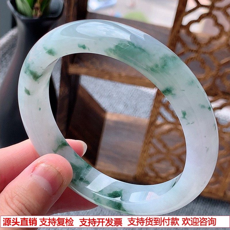 缅甸A货天然翡翠 老坑冰种飘花正装正圈手镯62-63大圈口