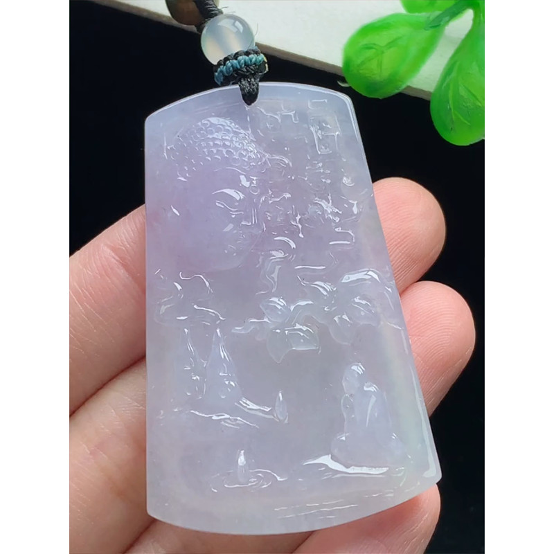 缅甸天然A货玉石翡翠 老坑冰种手工精雕紫罗兰悟道牌吊坠