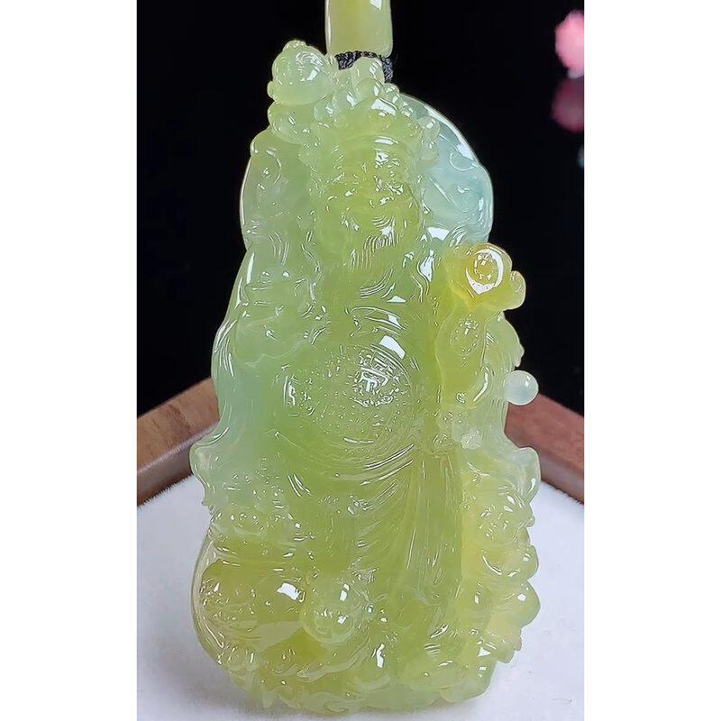 缅甸天然A货玉石翡翠挂件 精雕老坑冰种招财进宝黄翡财神吊坠