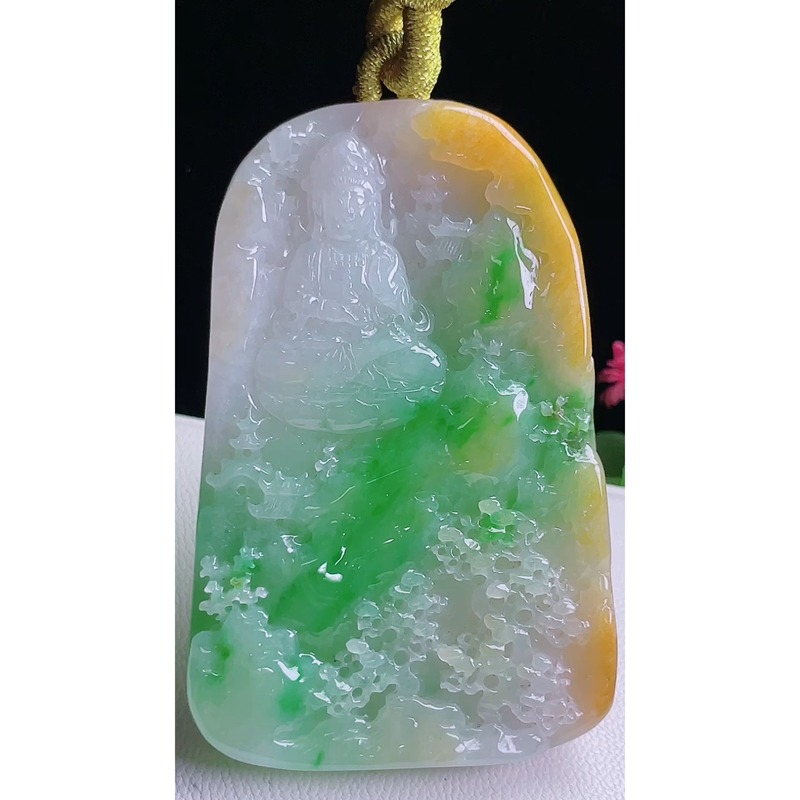 缅甸天然A货玉石翡翠挂件 精雕老坑冰种黄加绿观音牌吊坠