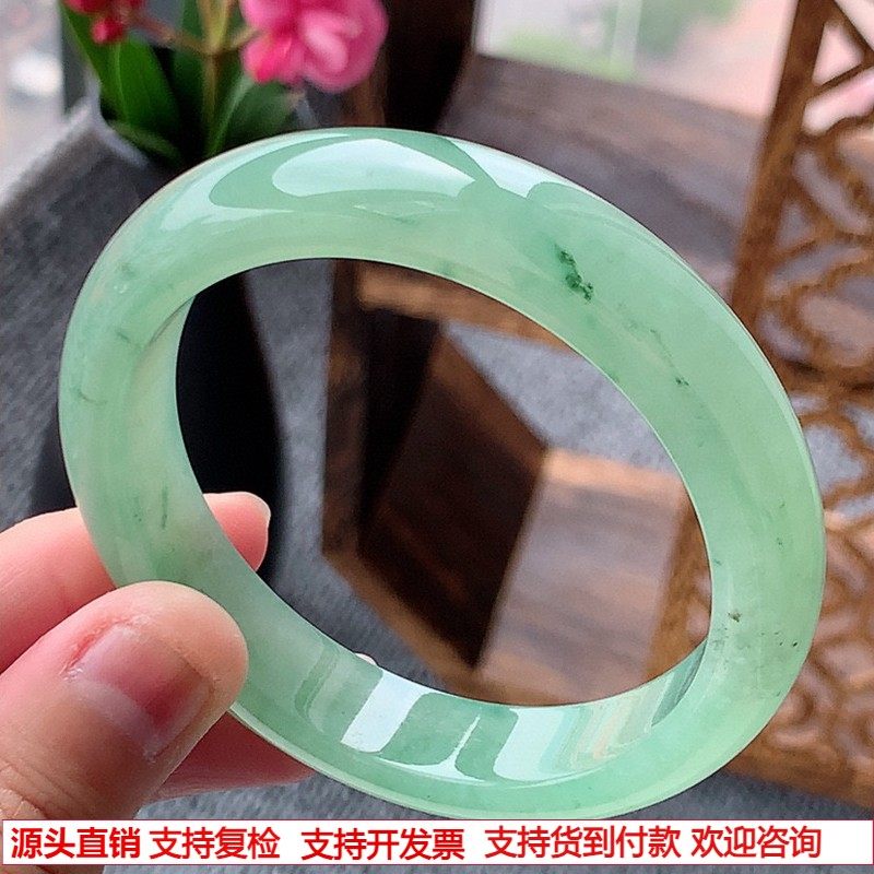 缅甸A货天然翡翠 老坑冰种满绿正装正圈手镯54-55圈口
