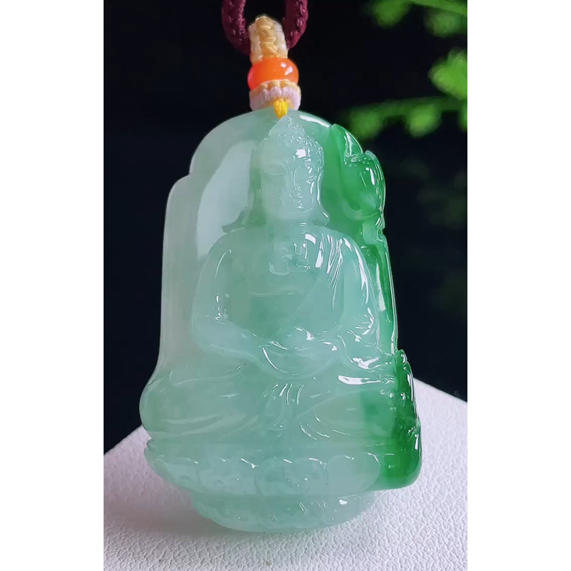 缅甸天然A货玉石翡翠挂件 精雕老坑冰种飘绿大日如来佛吊坠
