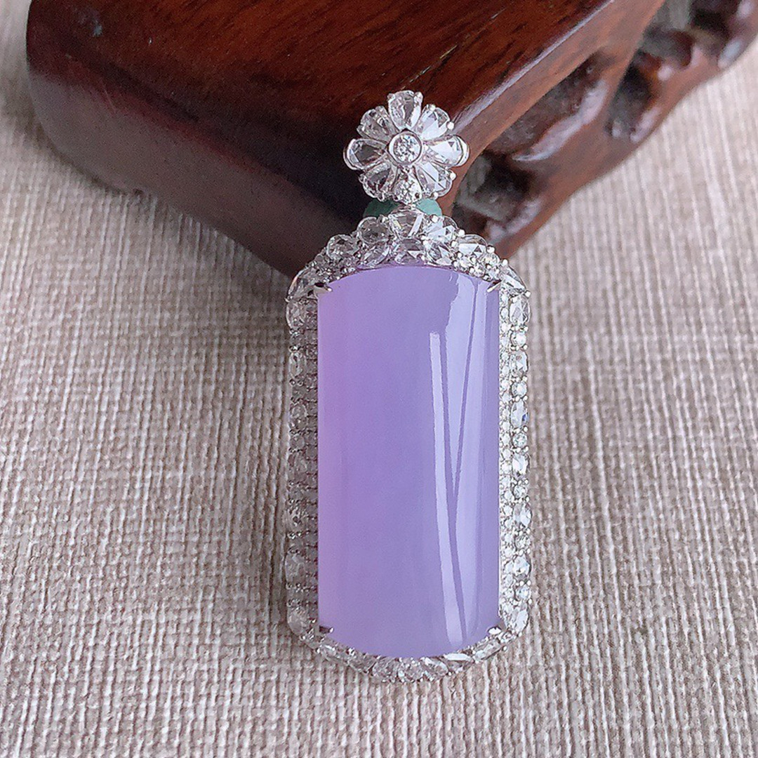 缅甸天然A货玉石翡翠老坑冰种手工精雕18K金伴钻紫罗兰无事牌吊坠